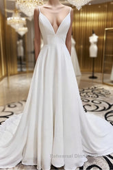 A Line V Neck White Wedding Dresses with Lace Back, White V Neck Semi Formal Prom Dresses Formal Dresses